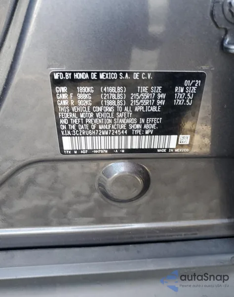 2021 Honda Hr-V Exl z USA, uszkodzony, nr VIN 3CZRU6H72MM724544